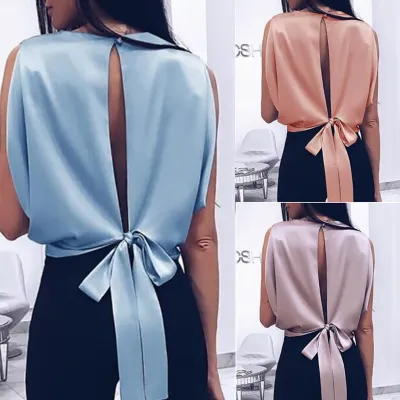 S-XL Women Sexy Solid Color Sleeveless Backless Bow Knot Blouse