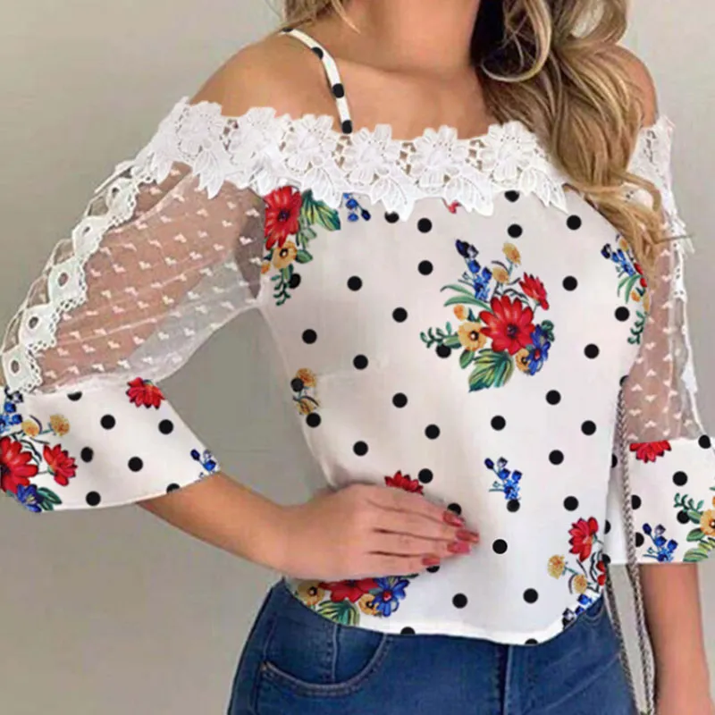 S-XL Women Floral Print Mesh Patchwork Long-Sleeve Lace Blouse