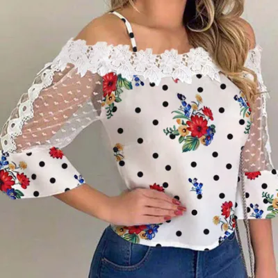 S-XL Women Floral Print Mesh Patchwork Long-Sleeve Lace Blouse