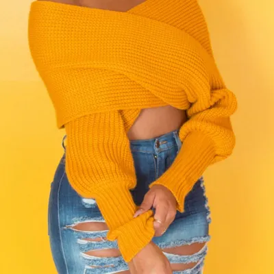 Women's Slim Fit V-Neck Long Sleeve Cotton Blend Knitted Sweater