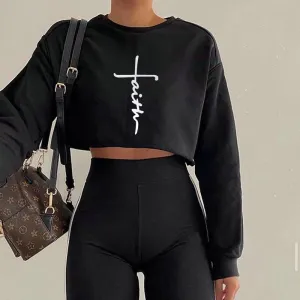 S-XL Women Bat Sleeve Cropped Pullover Sweatshirt with Letter Print