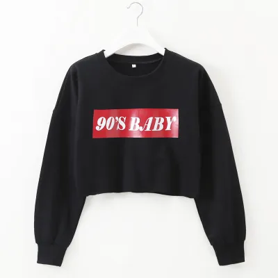 S-L Women Casual Letter Print Long-sleeve Cropped Pullover Sweatshirt