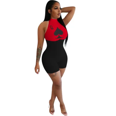 S-5XL Women Poker Q Print Strapless Halter Neck Rompers