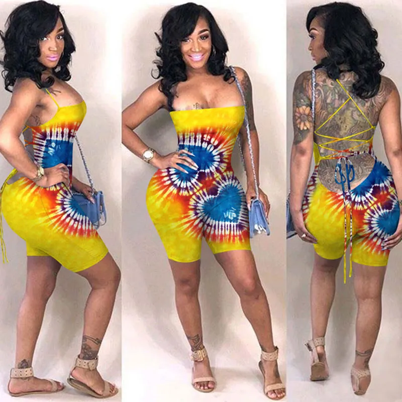 S-XXL Women Sexy Backless Bandage Graphic Printed Rompers