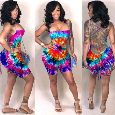 S-XXL Women Sexy Backless Bandage Graphic Printed Rompers