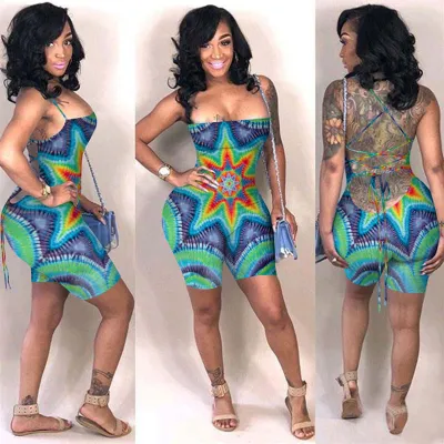 S-XXL Women Sexy Backless Bandage Graphic Printed Rompers