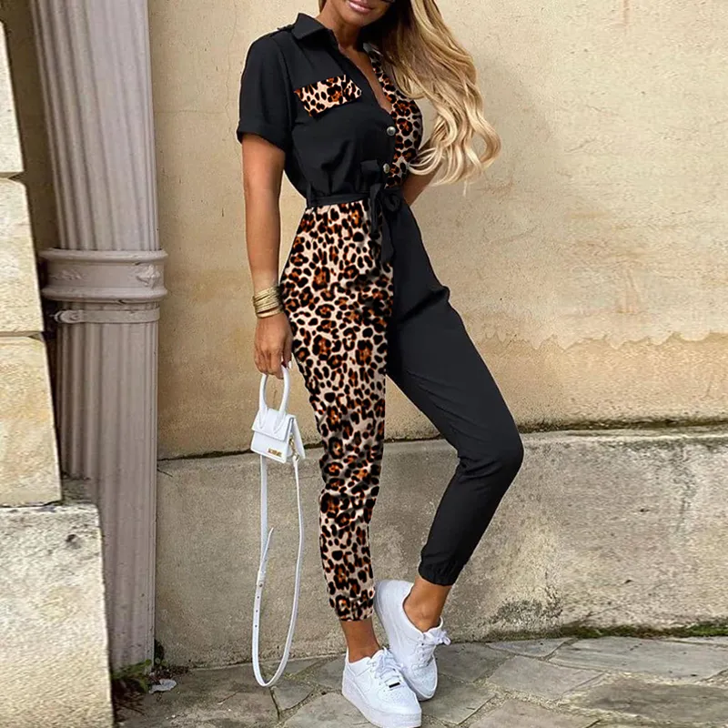 S-XL Women Leopard Printed Patchwork Lace-up Jumpsuits