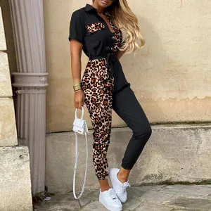 S-XL Women Leopard Printed Patchwork Lace-up Jumpsuits