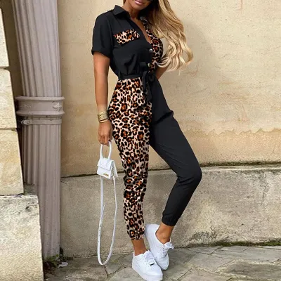 S-XL Women Leopard Printed Patchwork Lace-up Jumpsuits