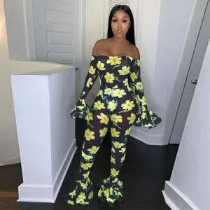 S-XXL Women Off Shoulder Flare Sleeve Mesh Jumpsuits with Flower Print