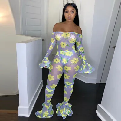 S-XXL Women Off Shoulder Flare Sleeve Mesh Jumpsuits with Flower Print