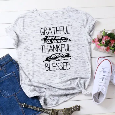 S-5XL Plus Size Vogue Thankful Blessed Letters Printing T-Shirt