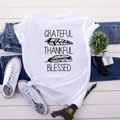 S-5XL Plus Size Vogue Thankful Blessed Letters Printing T-Shirt