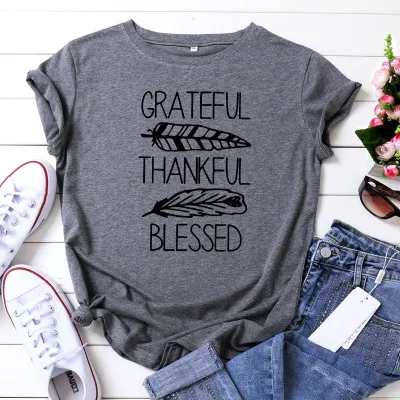 S-5XL Plus Size Vogue Thankful Blessed Letters Printing T-Shirt