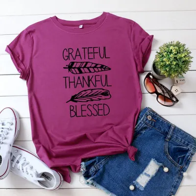 S-5XL Plus Size Vogue Thankful Blessed Letters Printing T-Shirt