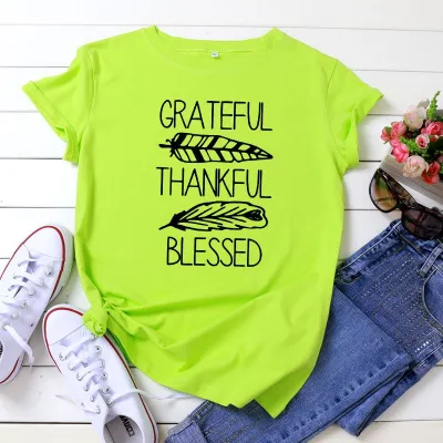 S-5XL Plus Size Vogue Thankful Blessed Letters Printing T-Shirt