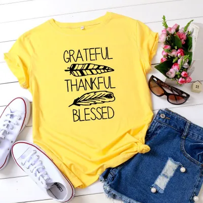 S-5XL Plus Size Vogue Thankful Blessed Letters Printing T-Shirt