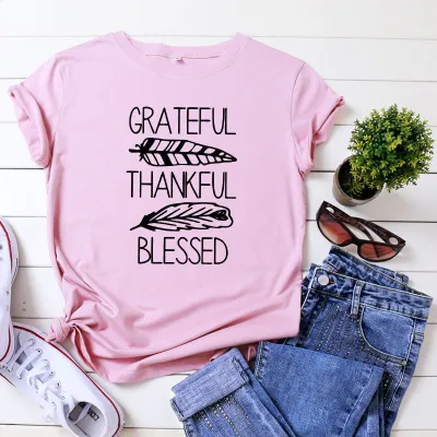 S-5XL Plus Size Vogue Thankful Blessed Letters Printing T-Shirt