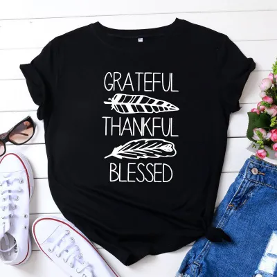 S-5XL Plus Size Vogue Thankful Blessed Letters Printing T-Shirt