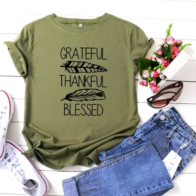 S-5XL Plus Size Vogue Thankful Blessed Letters Printing T-Shirt