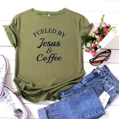 S-5XL Vogue Funny Fueled By Jesus and Coffee Slogan Print T-Shirt