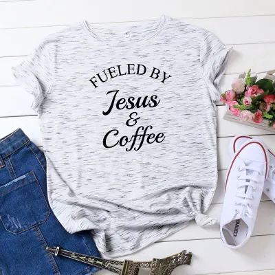 S-5XL Vogue Funny Fueled By Jesus and Coffee Slogan Print T-Shirt