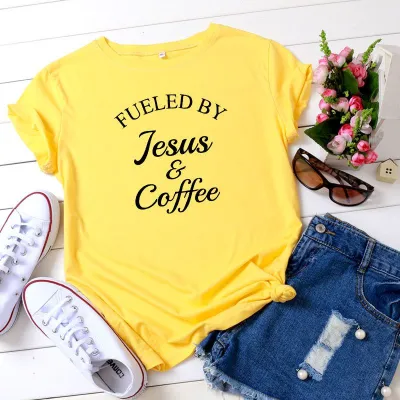 S-5XL Vogue Funny Fueled By Jesus and Coffee Slogan Print T-Shirt