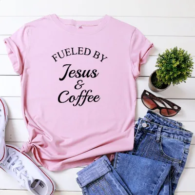 S-5XL Vogue Funny Fueled By Jesus and Coffee Slogan Print T-Shirt