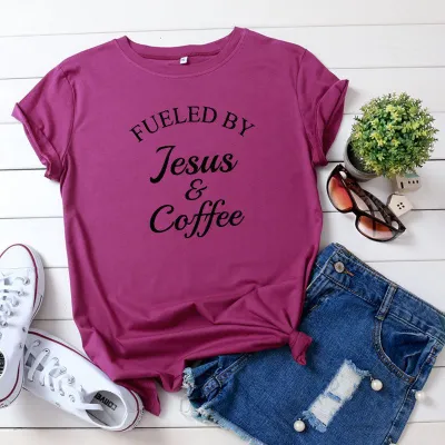 S-5XL Vogue Funny Fueled By Jesus and Coffee Slogan Print T-Shirt