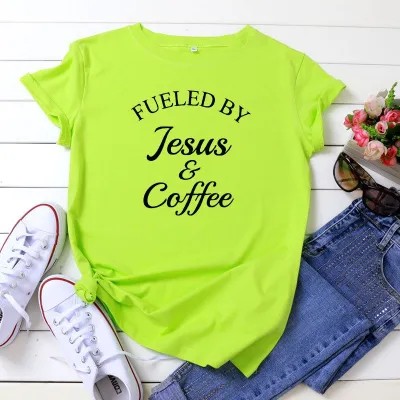 S-5XL Vogue Funny Fueled By Jesus and Coffee Slogan Print T-Shirt