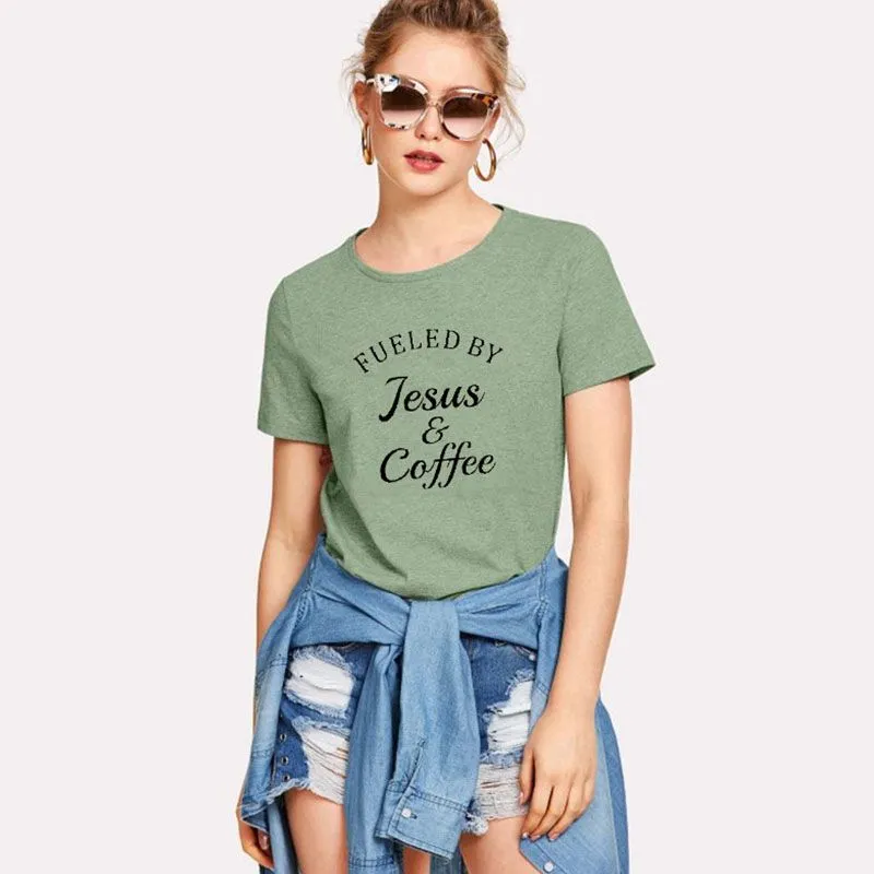 S-5XL Vogue Funny Fueled By Jesus and Coffee Slogan Print T-Shirt
