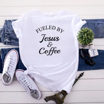 S-5XL Vogue Funny Fueled By Jesus and Coffee Slogan Print T-Shirt