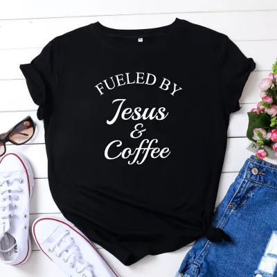 S-5XL Vogue Funny Fueled By Jesus and Coffee Slogan Print T-Shirt