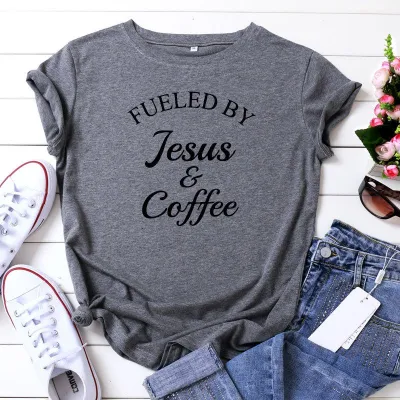 S-5XL Vogue Funny Fueled By Jesus and Coffee Slogan Print T-Shirt