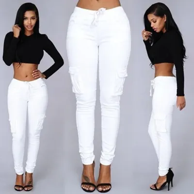 S-4XL Women Plain Color Unique Pocket Design Drawstring Casual Pants