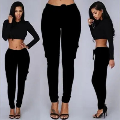S-4XL Women Plain Color Unique Pocket Design Drawstring Casual Pants