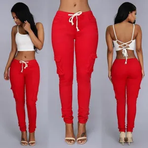 S-4XL Women Plain Color Unique Pocket Design Drawstring Casual Pants