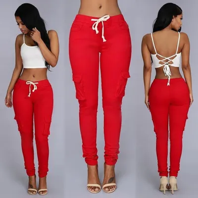 S-4XL Women Plain Color Unique Pocket Design Drawstring Casual Pants