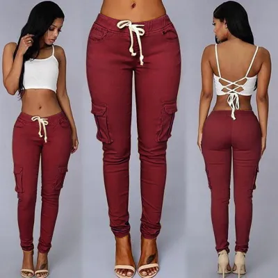 S-4XL Women Plain Color Unique Pocket Design Drawstring Casual Pants