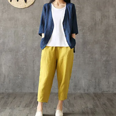 M-4XL Women Solid Color Breathable Linen Cropped Trousers
