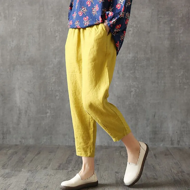 M-4XL Women Solid Color Breathable Linen Cropped Trousers