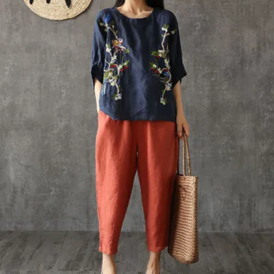 M-4XL Women Solid Color Breathable Linen Cropped Trousers