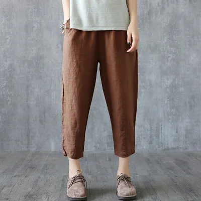 M-4XL Women Solid Color Breathable Linen Cropped Trousers