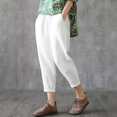 M-4XL Women Solid Color Breathable Linen Cropped Trousers