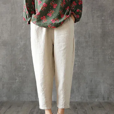 M-4XL Women Solid Color Breathable Linen Cropped Trousers