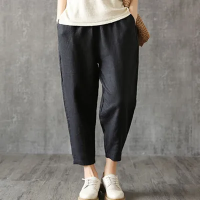 M-4XL Women Solid Color Breathable Linen Cropped Trousers