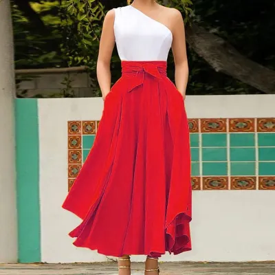 S-XXL Cotton Street Style Solid Color Irregular Hem Midi Skirt