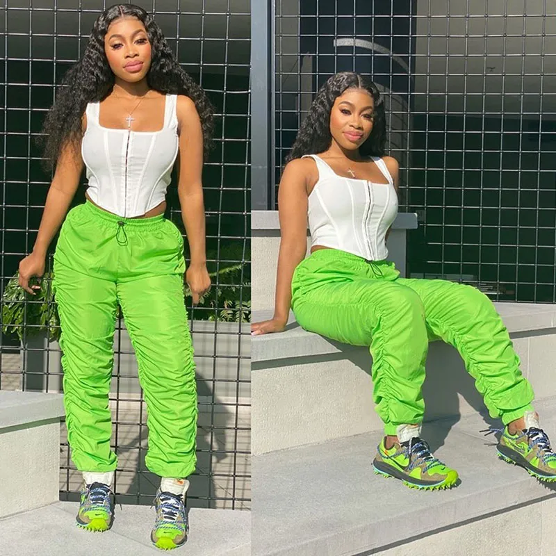 S-3XL Women Casual Neon Color Pleated Streetstyle Trousers