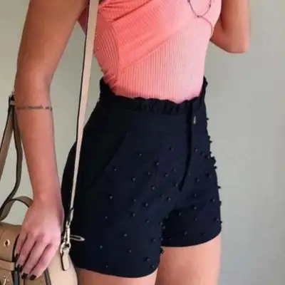 S-3XL Women High-waist Ruffled Pearl Beaded Organza Shorts