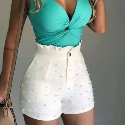 S-3XL Women High-waist Ruffled Pearl Beaded Organza Shorts